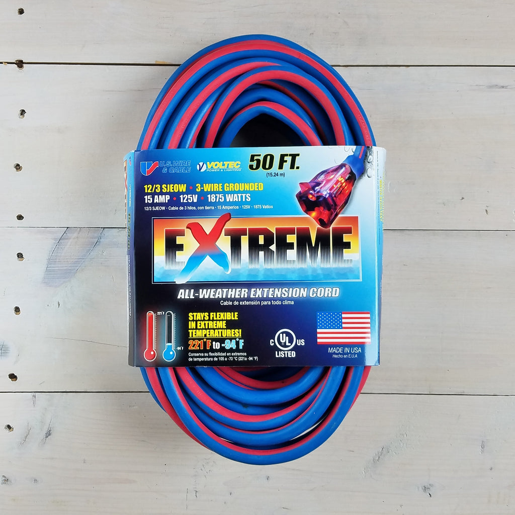 50' 12/3 Blue w Pink Stripe Cold Weather Extension Cord W Lighted End - USA