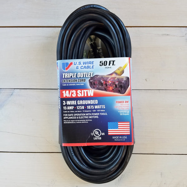 50' 14 Gauge Black Extension Cord with Lighted Triple Outlet - USA