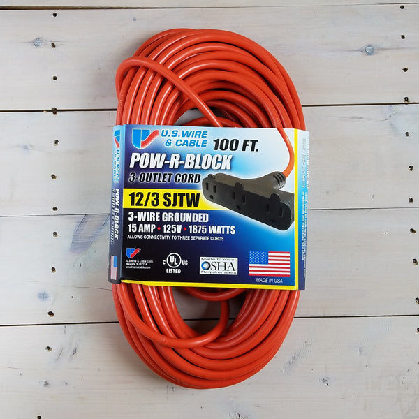 100' 12/3 SJTW Orange Extension Cord with Triple Outlet - USA