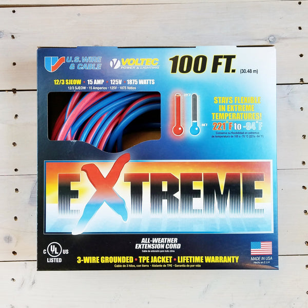 100' 12/3 Blue w Pink Stripe Cold Weather Extension Cord W Lighted End