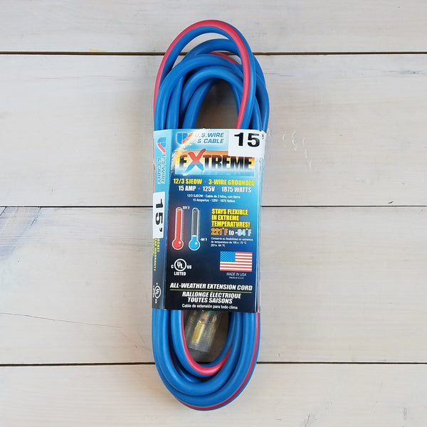 15' 12/3 Blue w Pink Stripe Cold Weather Extension Cord with Lighted End - USA