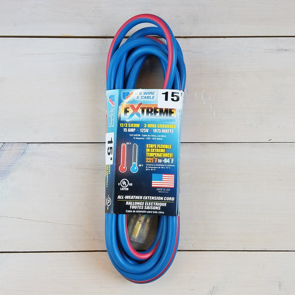 15' 12/3 Blue w Pink Stripe Cold Weather Extension Cord with Lighted End - USA