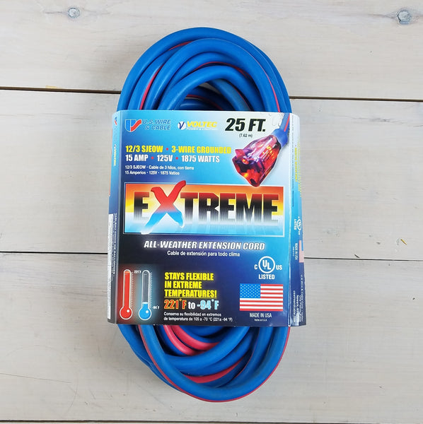 25' 12/3 Blue w Pink Stripe Cold Weather Extension Cord with Lighted End - USA