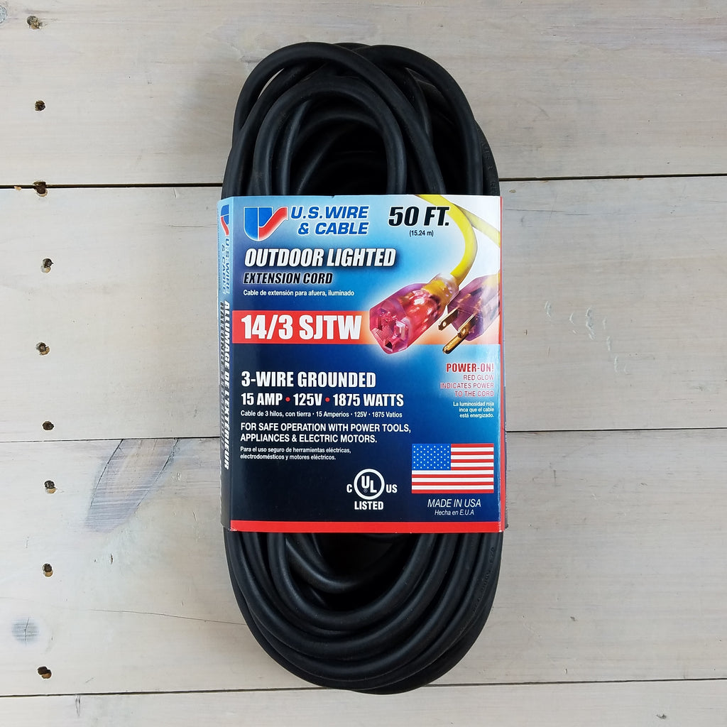 50' 14/3 SJTW Black Extension Cord with Lighted End - USA