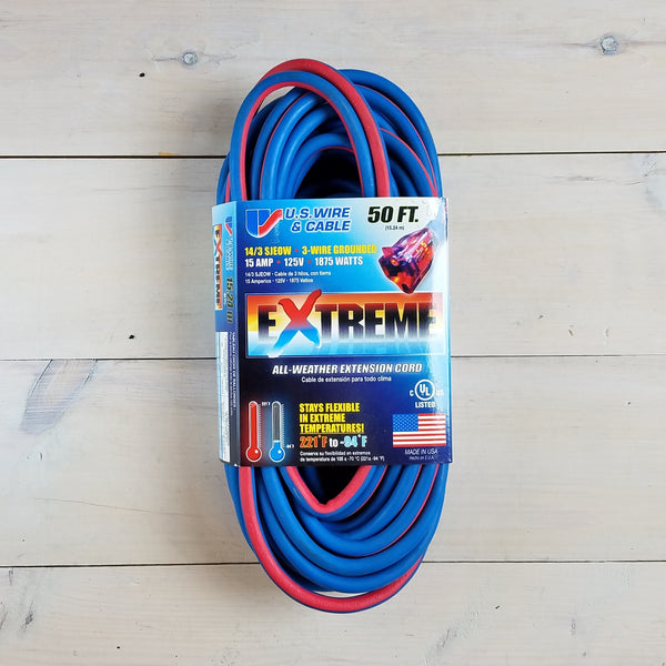 50' 14/3 Blue Cold Weather Extension Cord W Lighted End - USA