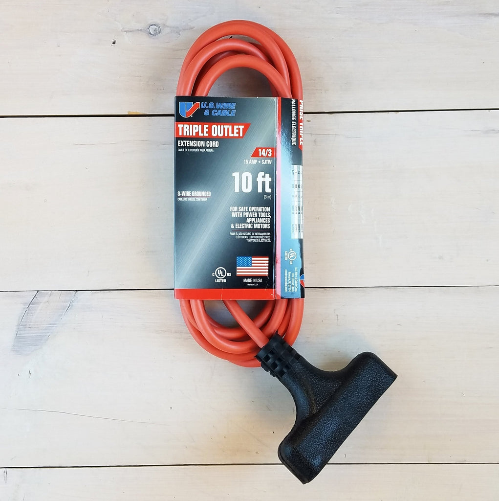 10' 14 Gauge Orange Extension Cord with Triple Outlet
