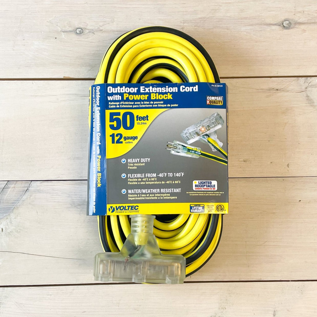50' 12/3 Yellow & Black Striped Extension Cord with Lighted Triple Outlet